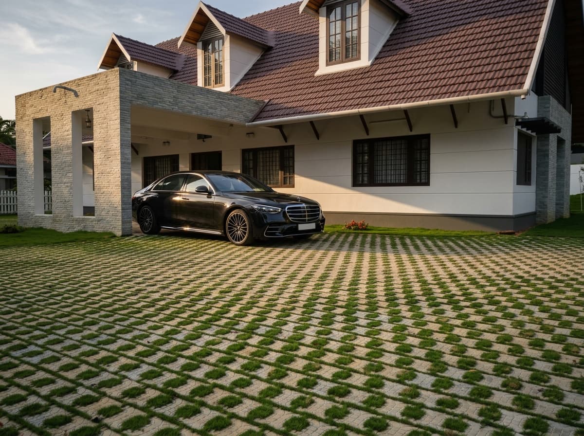A Kerala home with a Sirex concrete tile roof and a grass paver driveway